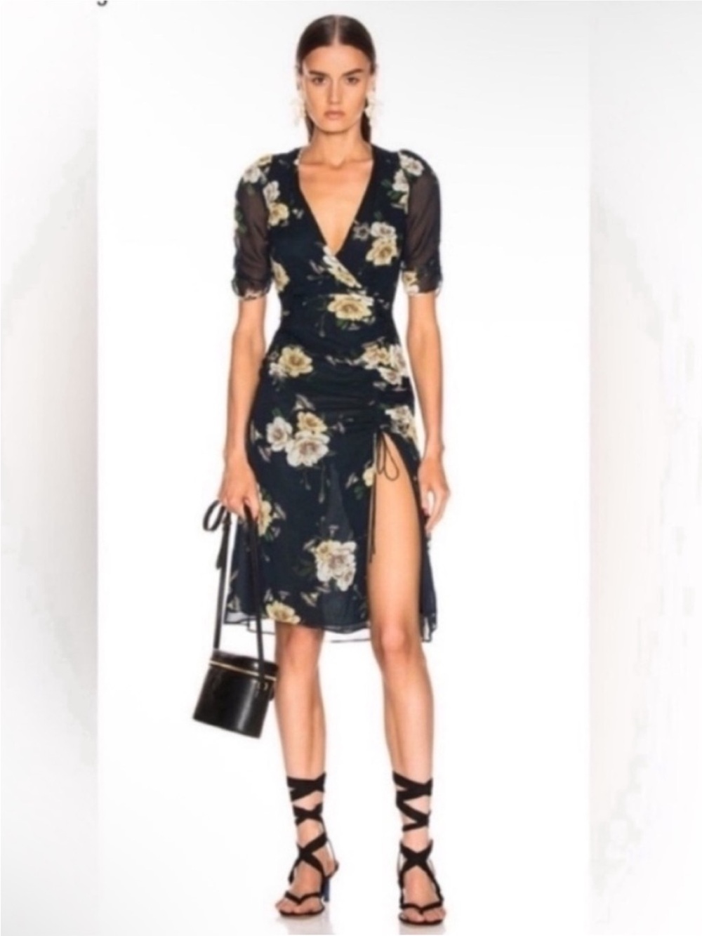 NICHOLAS Tea  Silk Floral Wrap Navy  Midi Dress with Cream Blooms Size 8